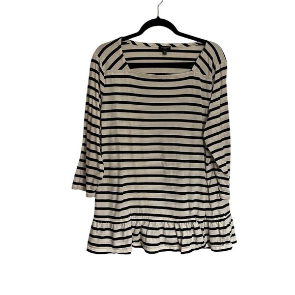 Talbots Woman 2X Preppy Laurel Stripe 3/4 Sleeves Square Neck Ruffle Peplum Tee - Picture 2 of 9